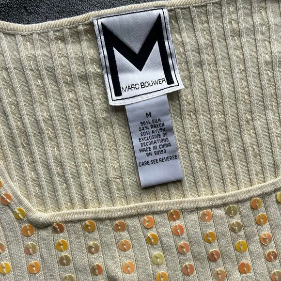 Vintage Y2K Marc Bouwer Sequin Square Neck Short Sleeve Yellow Sweater Top Sz M - Picture 3 of 6